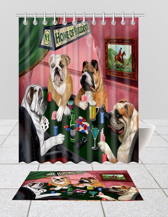 Home of  Bulldogs Playing Poker Bath Mat and Shower Curtain Combo