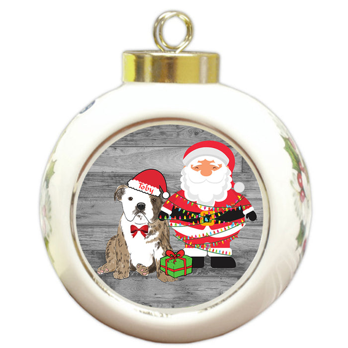 Custom Personalized Bulldog With Santa Wrapped in Light Christmas Round Ball Ornament