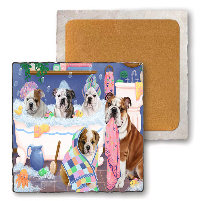 Rub A Dub Dogs In A Tub Bulldogs Set of 4 Natural Stone Marble Tile Coasters MCST51775