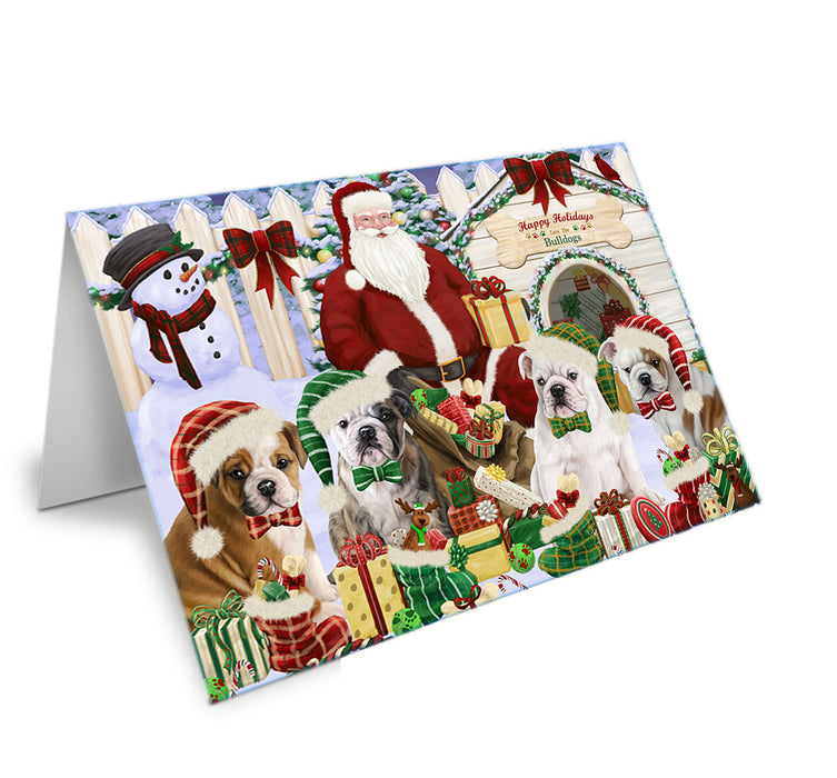 Happy Holidays Christmas Bulldogs House Gathering Handmade Artwork Assorted Pets Greeting Cards and Note Cards with Envelopes for All Occasions and Holiday Seasons GCD57893