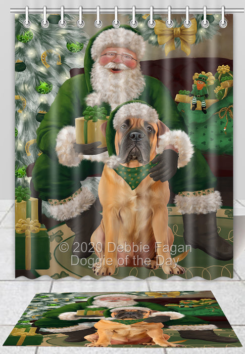 Christmas Irish Santa with Gift Bullmastiff Dog Bath Mat and Shower Curtain Combo