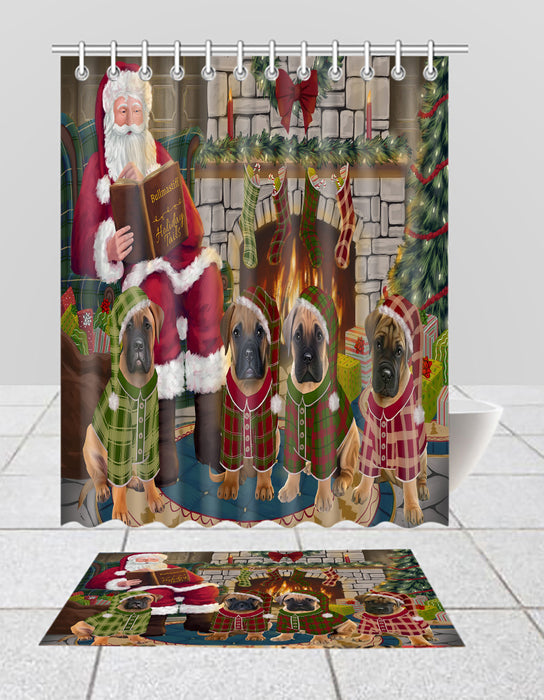 Christmas Cozy Holiday Fire Tails Bullmastiff Dogs Bath Mat and Shower Curtain Combo