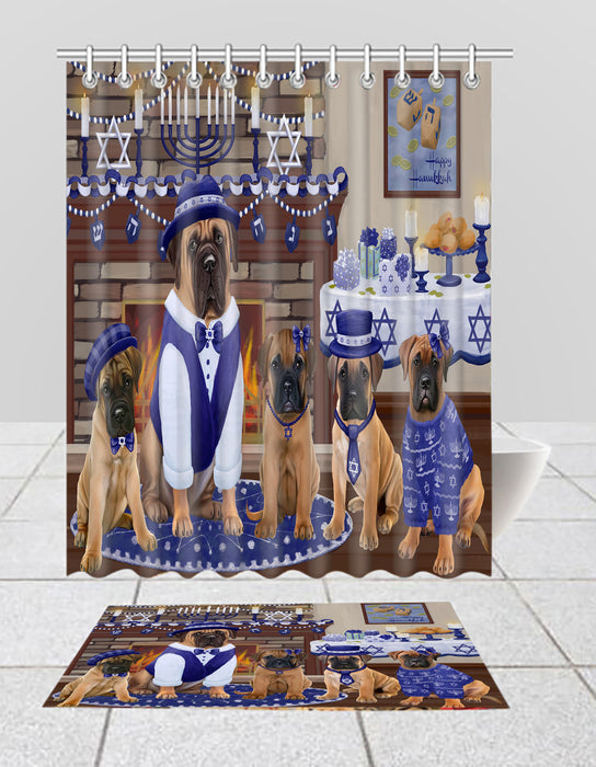 Happy Hanukkah Family Bullmastiff Dogs Bath Mat and Shower Curtain Combo