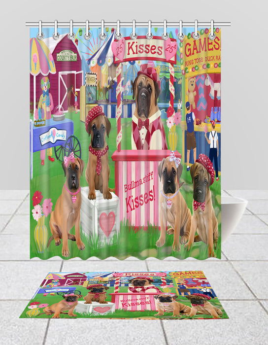 Carnival Kissing Booth Bullmastiff Dogs  Bath Mat and Shower Curtain Combo