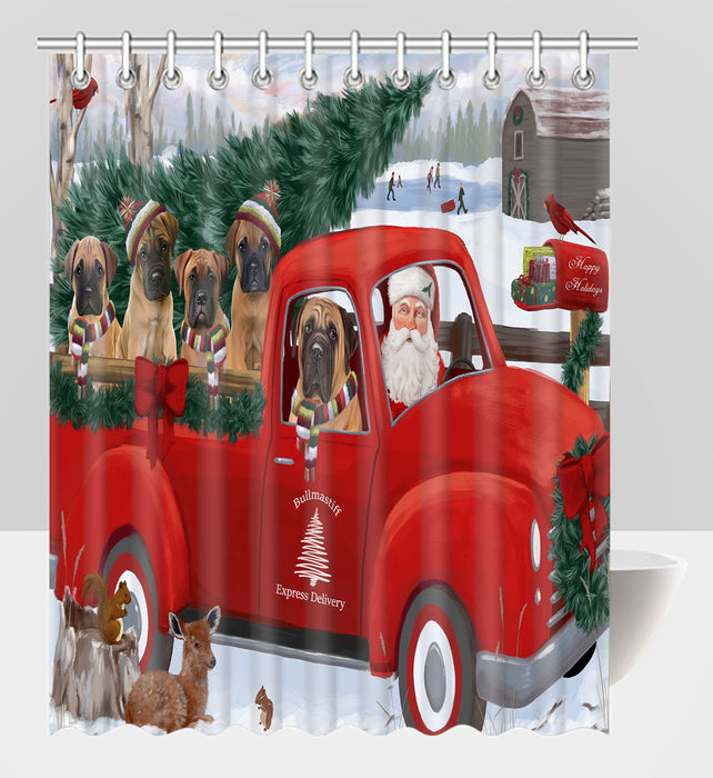 Christmas Santa Express Delivery Red Truck Bullmastiff Dogs Shower Curtain