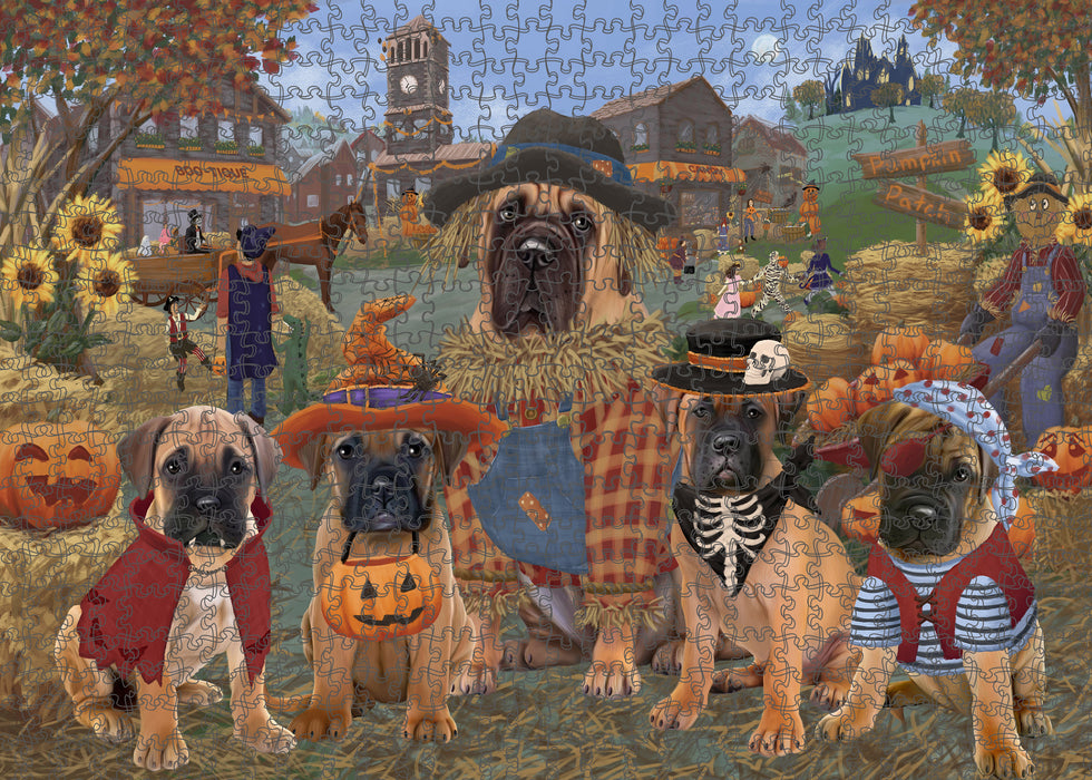Halloween 'Round Town And Fall Pumpkin Scarecrow Both Bullmastiff Dogs Puzzle with Photo Tin PUZL96244