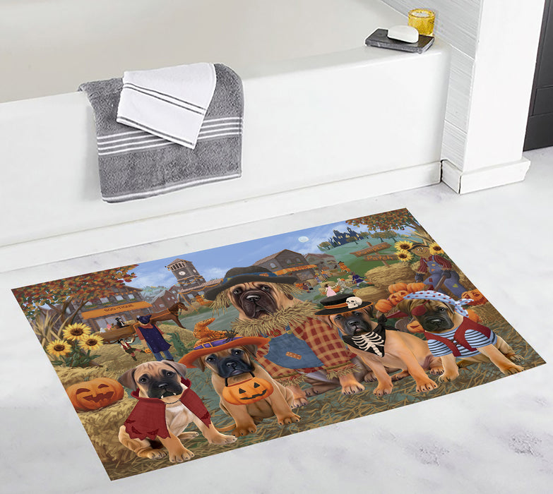 Halloween 'Round Town and Fall Pumpkin Scarecrow Both Bullmastiff Dogs Bath Mat