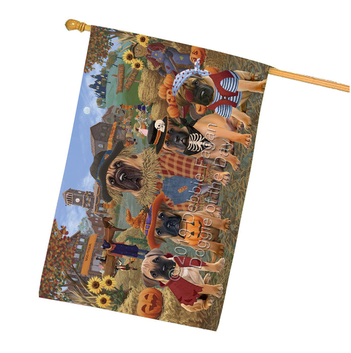 Halloween 'Round Town And Fall Pumpkin Scarecrow Both Bullmastiff Dogs House Flag FLG65640