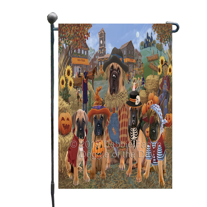 Halloween 'Round Town And Fall Pumpkin Scarecrow Both Bullmastiff Dogs Garden Flag GFLG65584