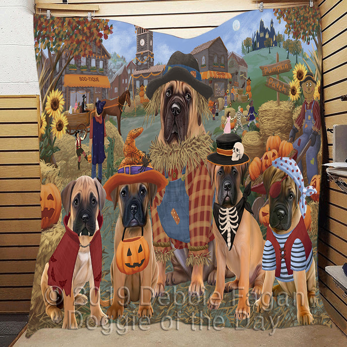 Halloween 'Round Town and Fall Pumpkin Scarecrow Both Bullmastiff Dogs Quilt