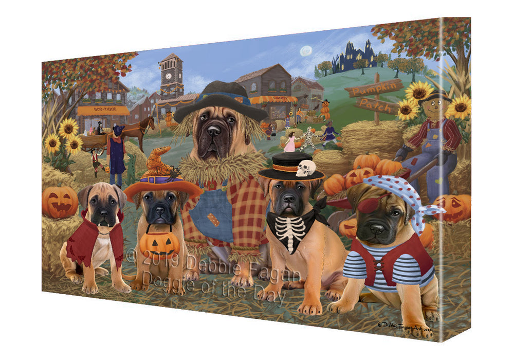 Halloween 'Round Town And Fall Pumpkin Scarecrow Both Bullmastiff Dogs Canvas Print Wall Art Décor CVS139445