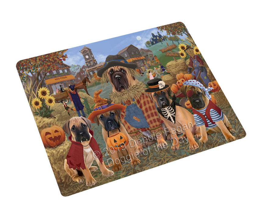Halloween 'Round Town And Fall Pumpkin Scarecrow Both Bullmastiff Dogs Cutting Board C77083
