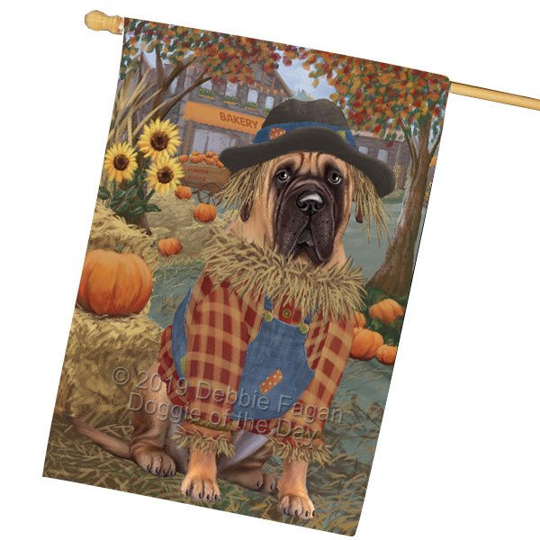 Halloween 'Round Town And Fall Pumpkin Scarecrow Both Bullmastiff Dogs House Flag FLG65701