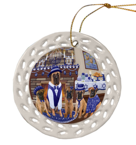 Happy Hanukkah Family Bullmastiff Dogs Doily Ornament DPOR57964