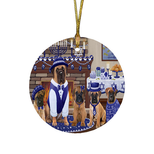 Happy Hanukkah Family and Happy Hanukkah Both Bullmastiff Dogs Round Flat Christmas Ornament RFPOR57510