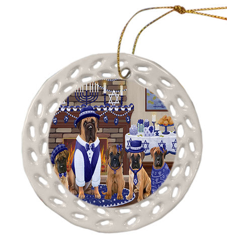 Happy Hanukkah Family Bullmastiff Dogs Ceramic Doily Ornament DPOR57606