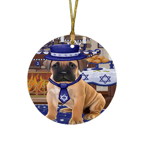 Happy Hanukkah Family and Happy Hanukkah Both Bullmastiff Dog Round Flat Christmas Ornament RFPOR57566