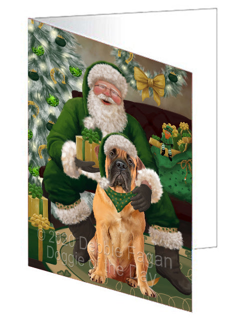 Christmas Irish Santa with Gift and Bullmastiff Dog Handmade Artwork Assorted Pets Greeting Cards and Note Cards with Envelopes for All Occasions and Holiday Seasons GCD75809