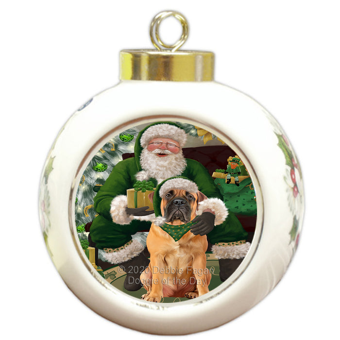 Christmas Irish Santa with Gift and Bullmastiff Dog Round Ball Christmas Ornament RBPOR57913