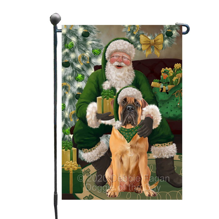 Christmas Irish Santa with Gift and Bullmastiff Dog Garden Flag GFLG66629