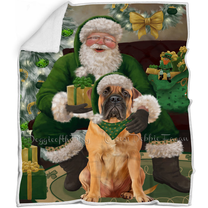 Christmas Irish Santa with Gift and Bullmastiff Dog Blanket BLNKT141273