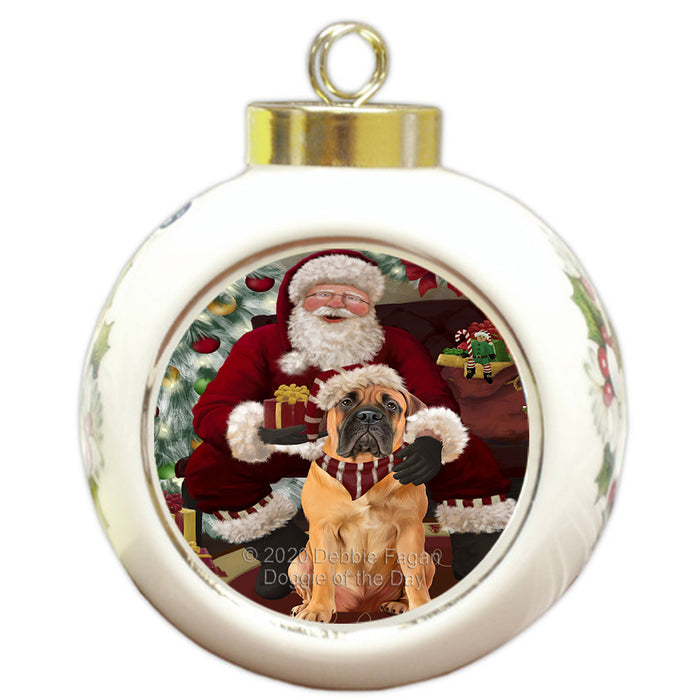 Santa's Christmas Surprise Bullmastiff Dog Round Ball Christmas Ornament RBPOR58011