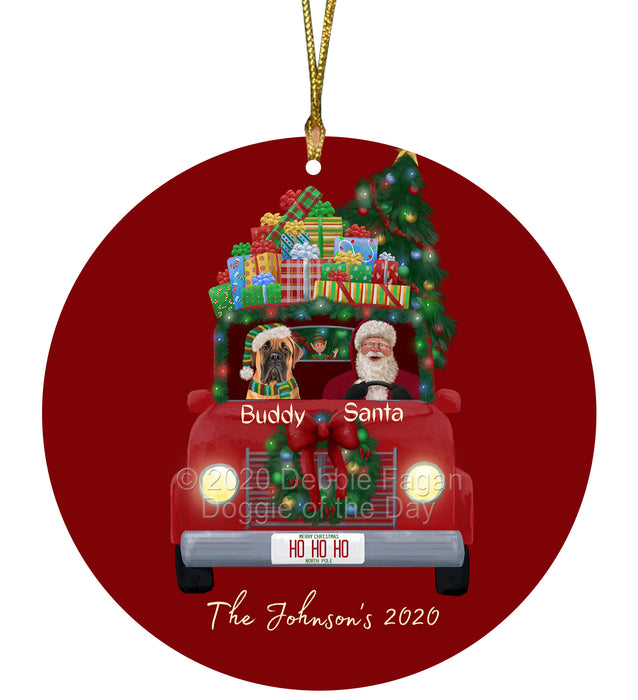 Personalized Christmas Honk Honk Red Truck Here Comes with Santa and Bullmastiff Dog Round Flat Ornament PRBPOR59063
