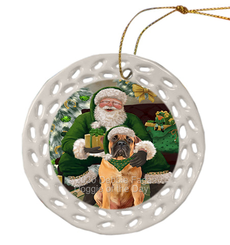 Christmas Irish Santa with Gift and Bullmastiff Dog Doily Ornament DPOR59475