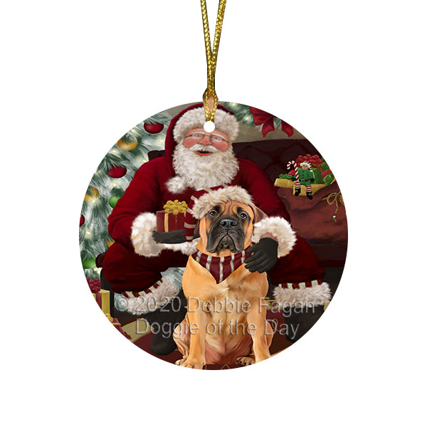 Santa's Christmas Surprise Bullmastiff Dog Round Flat Christmas Ornament RFPOR58011