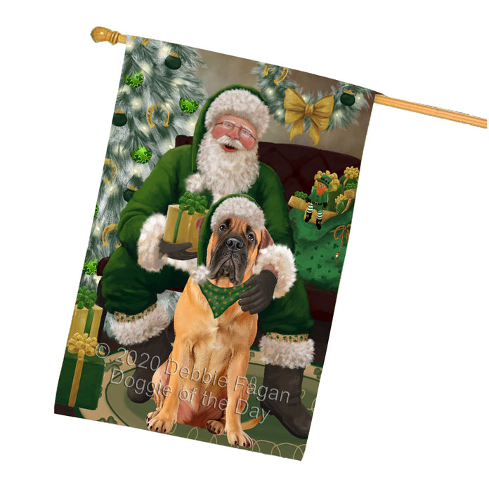 Christmas Irish Santa with Gift and Bullmastiff Dog House Flag FLG66685