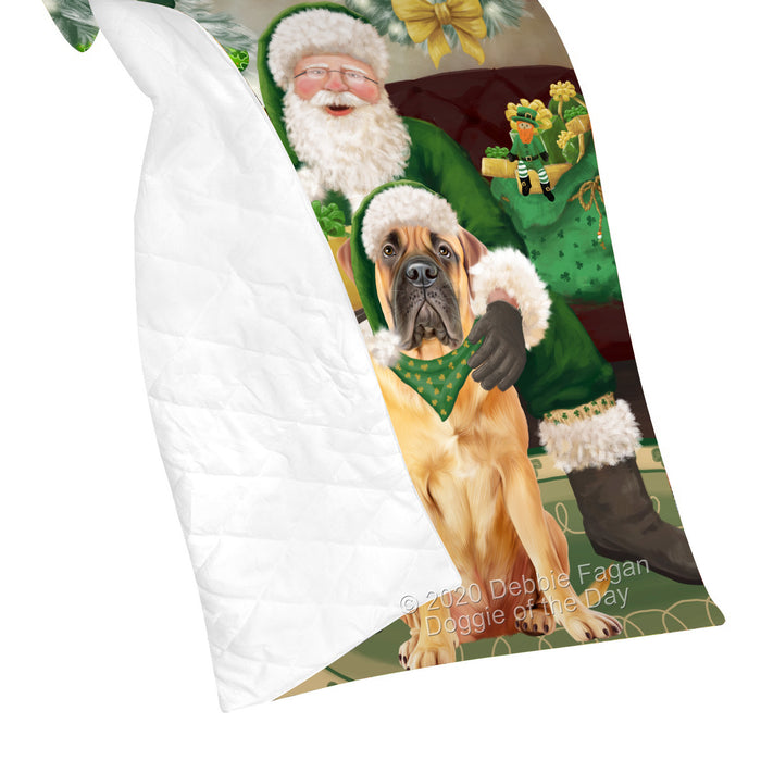 Christmas Irish Santa with Gift and Bullmastiff Dog Quilt Bed Coverlet Bedspread - Pets Comforter Unique One-side Animal Printing - Soft Lightweight Durable Washable Polyester Quilt
