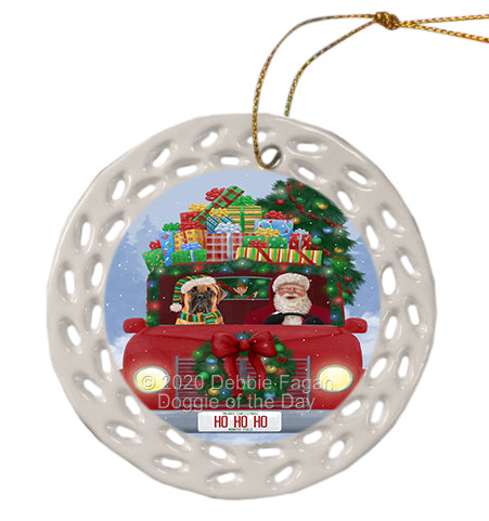 Christmas Honk Honk Red Truck with Santa and Bullmastiff Dog Doily Ornament DPOR59334