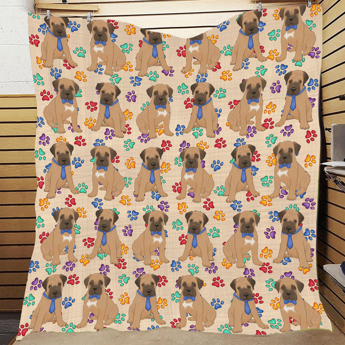 Rainbow Paw Print Bullmastiff Dogs Blue Quilt