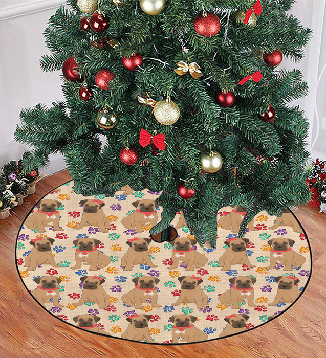 Rainbow Paw Print Bullmastiff Dogs Red Christmas Tree Skirt