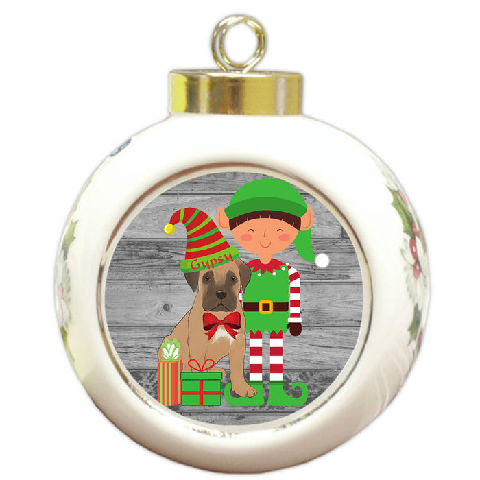 Custom Personalized Bullmastiff Dog Elfie and Presents Christmas Round Ball Ornament