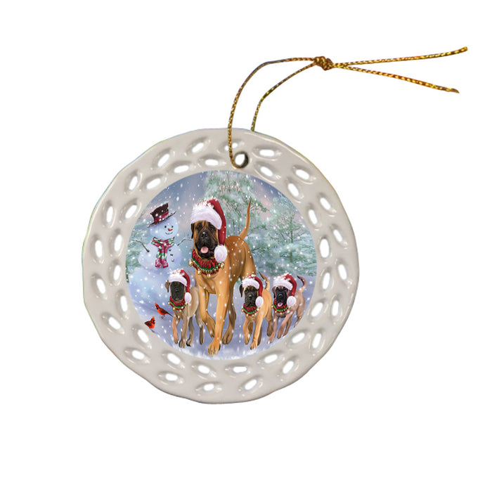 Christmas Running Family Bullmastiffs Dog Ceramic Doily Ornament DPOR56993