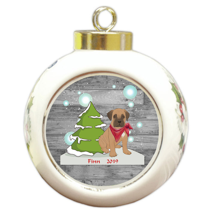 Custom Personalized Winter Scenic Tree and Presents Bullmastiff Dog Christmas Round Ball Ornament