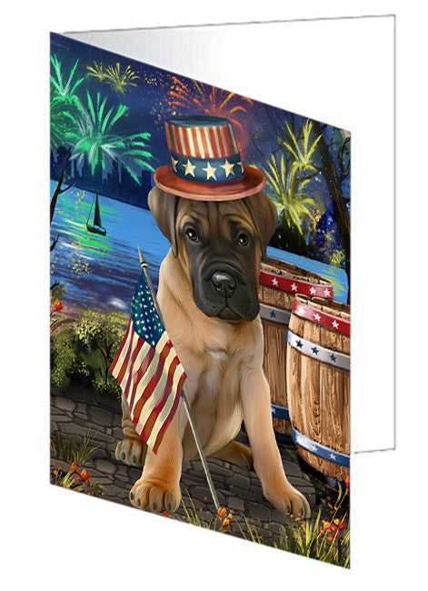 4th of July Independence Day Fireworks Bullmastiff Dog at the Lake Handmade Artwork Assorted Pets Greeting Cards and Note Cards with Envelopes for All Occasions and Holiday Seasons GCD56855