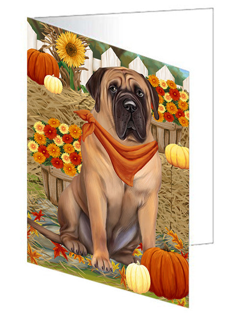 Fall Autumn Greeting Bullmastiff Dog with Pumpkins Handmade Artwork Assorted Pets Greeting Cards and Note Cards with Envelopes for All Occasions and Holiday Seasons GCD56165