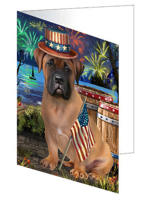 4th of July Independence Day Fireworks Bullmastiff Dog at the Lake Handmade Artwork Assorted Pets Greeting Cards and Note Cards with Envelopes for All Occasions and Holiday Seasons GCD56858