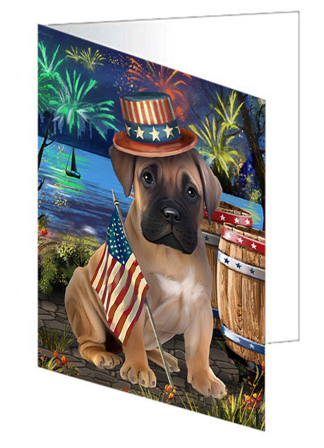 4th of July Independence Day Fireworks Bullmastiff Dog at the Lake Handmade Artwork Assorted Pets Greeting Cards and Note Cards with Envelopes for All Occasions and Holiday Seasons GCD56864
