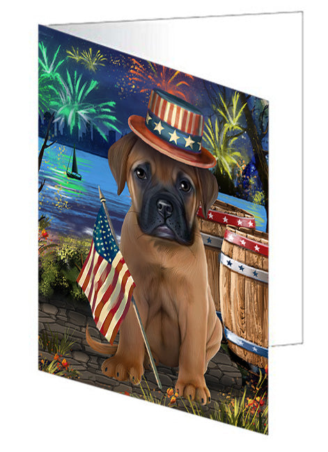 4th of July Independence Day Fireworks Bullmastiff Dog at the Lake Handmade Artwork Assorted Pets Greeting Cards and Note Cards with Envelopes for All Occasions and Holiday Seasons GCD56867