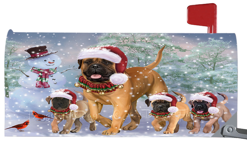 Christmas Running Family Bullmastiff Dogs Magnetic Mailbox Cover Both Sides Pet Theme Printed Decorative Letter Box Wrap Case Postbox Thick Magnetic Vinyl Material