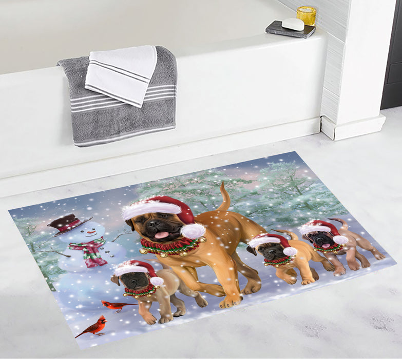 Christmas Running Fammily Bullmastiff Dogs Bath Mat