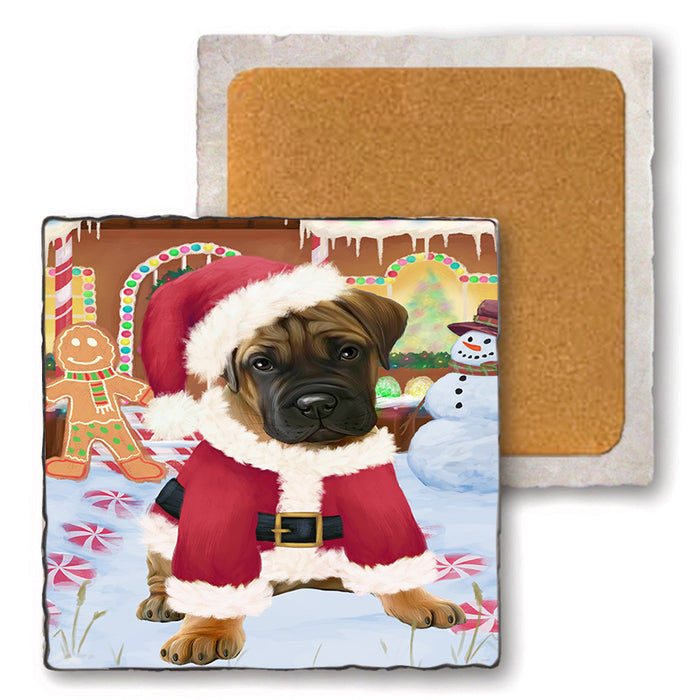 Christmas Gingerbread House Candyfest Bullmastiff Dog Set of 4 Natural Stone Marble Tile Coasters MCST51224