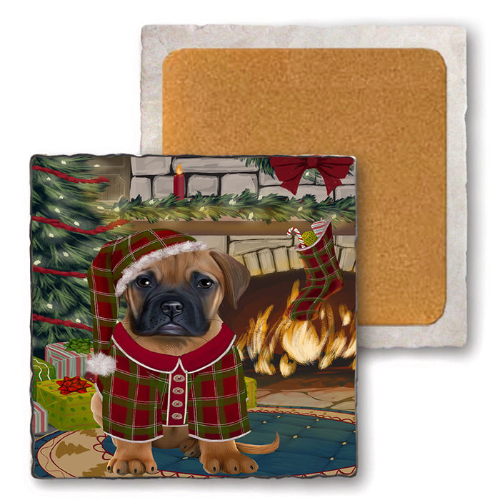 The Stocking was Hung Bullmastiff Dog Set of 4 Natural Stone Marble Tile Coasters MCST50256