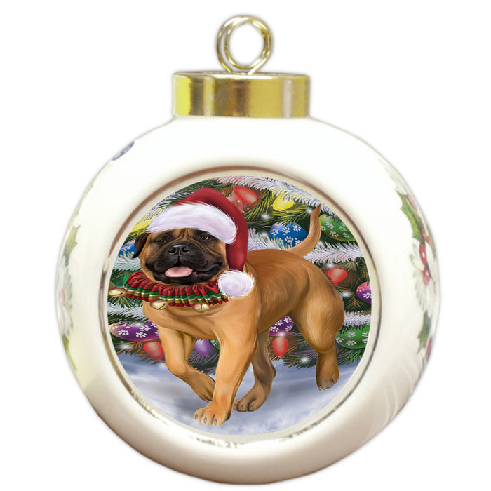 Trotting in the Snow Bullmastiff Dog Round Ball Christmas Ornament RBPOR57005