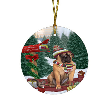 Merry Christmas Woodland Sled Bullmastiff Dog Round Flat Christmas Ornament RFPOR55236