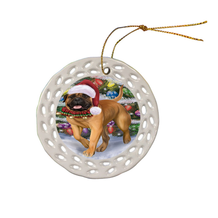 Trotting in the Snow Bullmastiff Dog Ceramic Doily Ornament DPOR57199