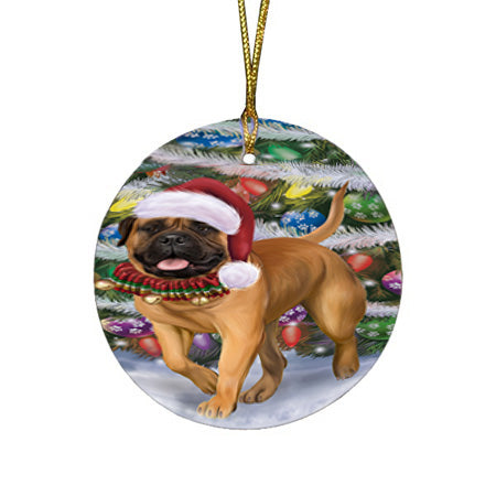 Trotting in the Snow Bullmastiff Dog Round Flat Christmas Ornament RFPOR57005